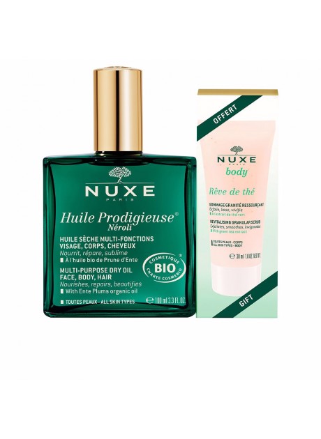 Nuxe HUILE PRODIGIEUSE NÉROLI Aceite seco 100ml+RÉVE DE THÉ exfoliante revitalizante 30ml